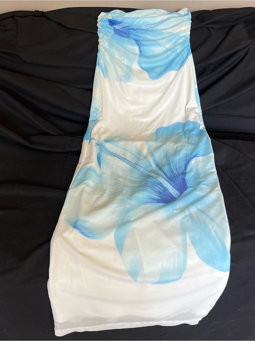Strapless White Dress with Blue Floral Print